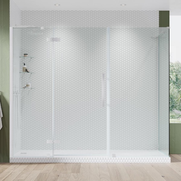 OVE Decors Tampa 80 1/8 in. W x 72 in. H Rectangular Pivot Frameless Corner Shower Enclosure in Chrome with Shelves