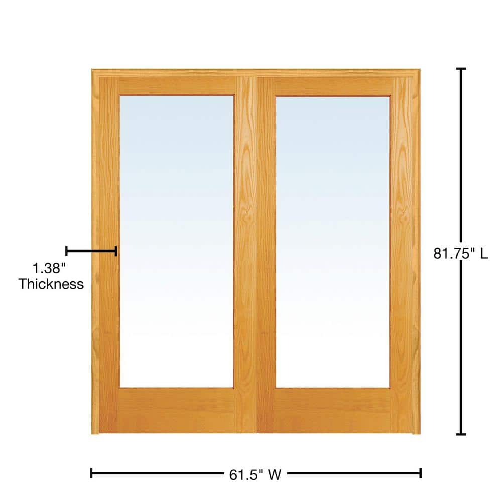 Unfinished Pine Wood 1 Lite Clear Glass Prehung Interior French Door, 60" x 80"