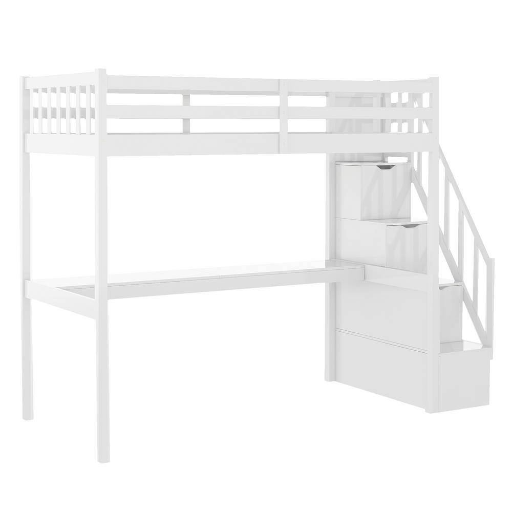 Harper & Bright Designs White Twin Size Wooden Loft Bed with Built in Desk and Staircase - 2