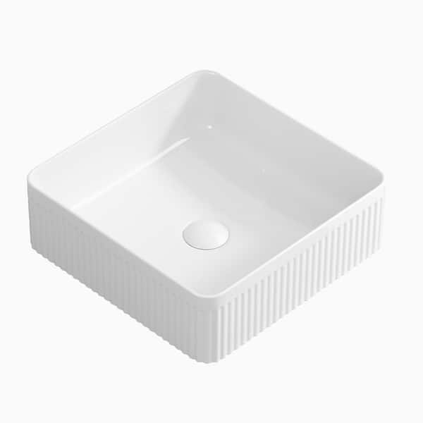 15 in. Square Ceramic Vessel Bathroom Sink, Striped Pattern Countertop Basin Vanity Sink with Drain Hole in White