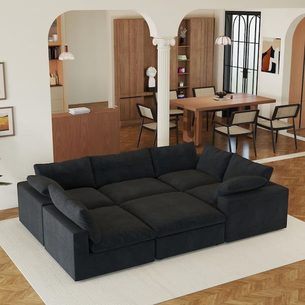 Down Filled 118 in. Square Arm 6-Piece Linen U Shaped Cloud Modular Sectional Sofa Couch with Ottoman, Covers in Black