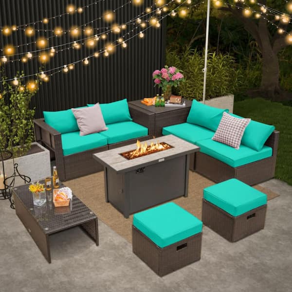 Kadehome Outdoor 9-Piece Brown Patio Wicker Furniture Set with 42 in. Propane Patio Fire Pit Table and Turquoise Cushions