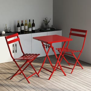 3-Piece Metal Patio Bistro Set of Foldable Square Table and Chairs, Red