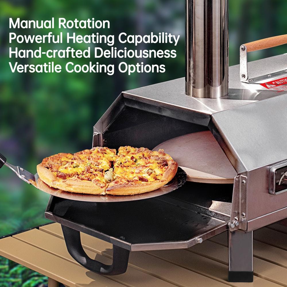 Turpone 12 in. Mini Rotating Stone Propane Outdoor Pizza Oven with Peel in Stainless Steel, Silver