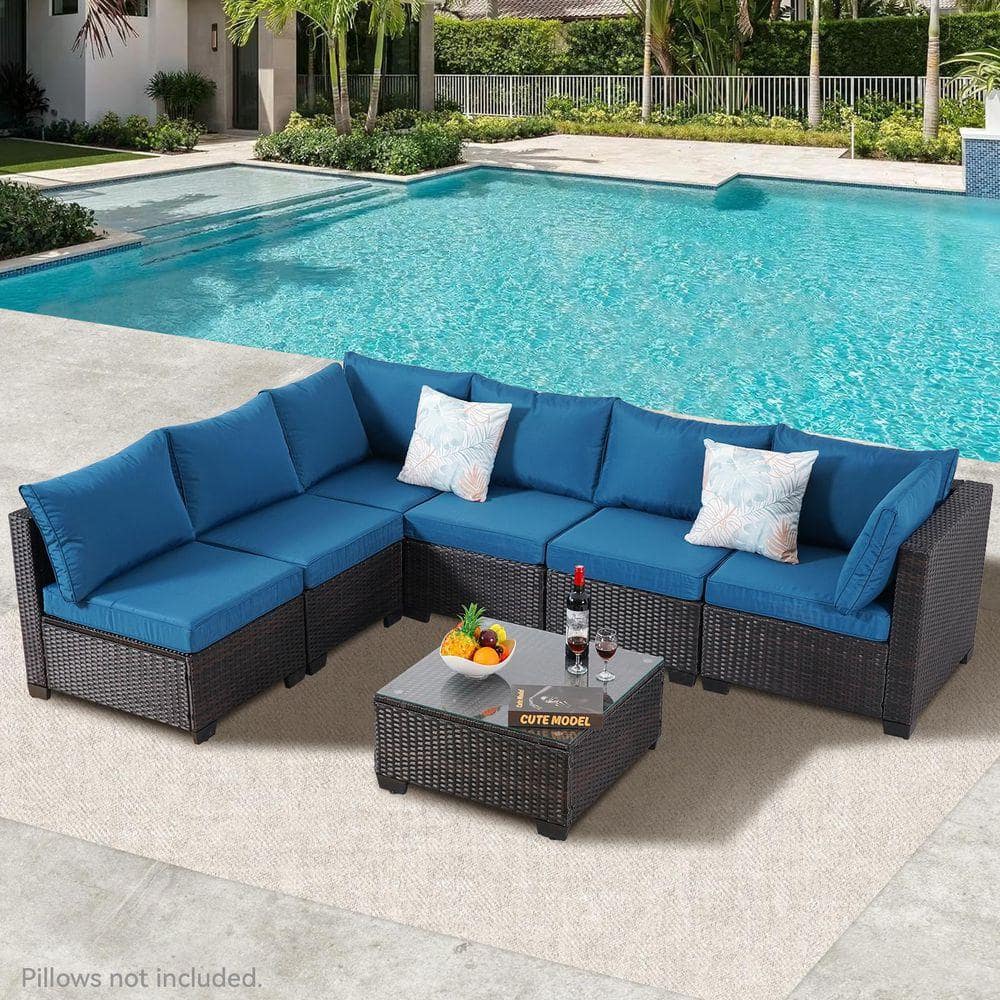 Tenleaf 7-Piece Brown Wicker Patio Conversation Set with Peacock Blue ...