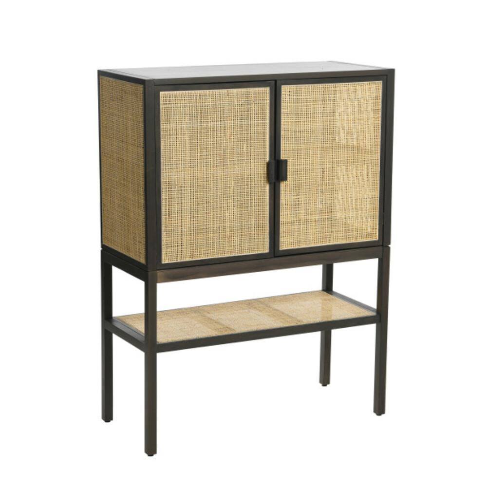 Gray Pine Wood Cabinet with Natural Rattan Details