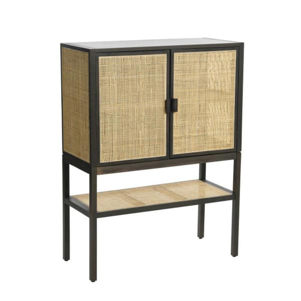 Storied Home Woven Rattan and Pine Wood Cabinet with 3-Shelves and 2-Doors in Grey