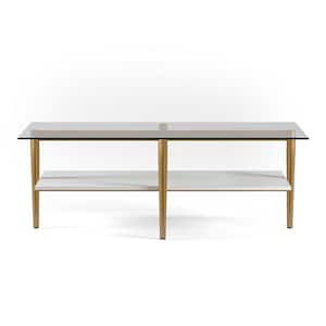 Otto 47 in. Brass/White Lacquer Rectangle Glass Top Coffee Table with Shelf