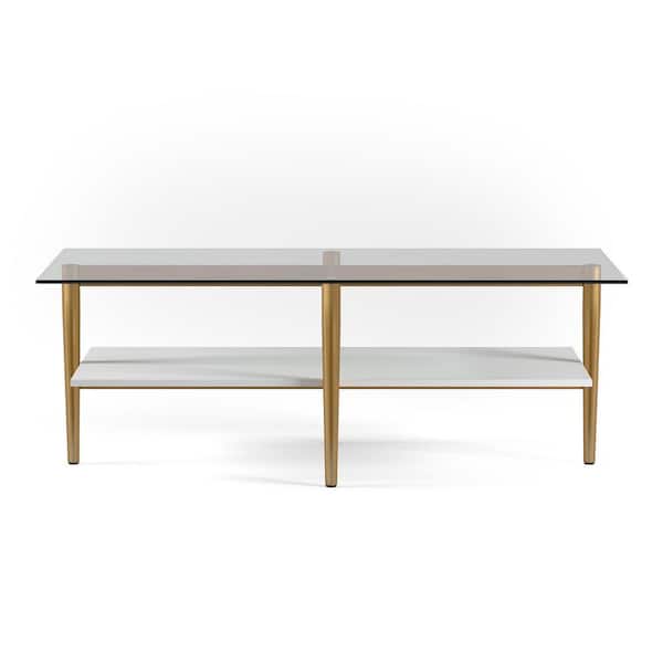 Meyer&Cross Otto 47 in. Brass/White Lacquer Rectangle Glass Top Coffee Table with Shelf