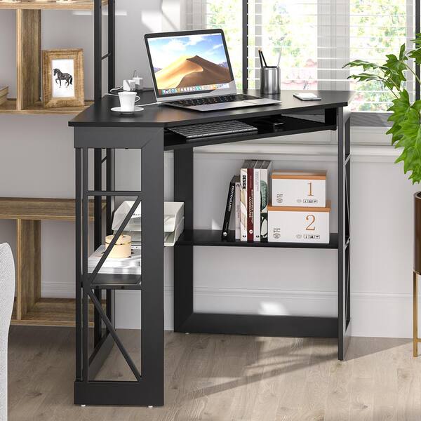 VECELO - Corner Computer Desk with Built-In Charging Station, Keyboard Tray and Storage Shelves, 41 in. Triangle Table, Black