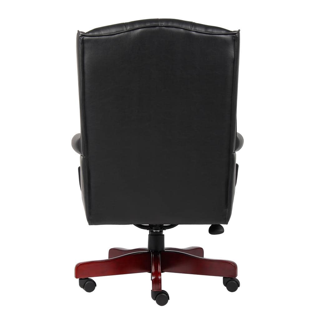 Elegant High-Back Swivel Banker Chair in Black Vinyl and Mahogany Wood