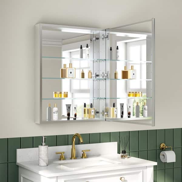 24 in. W x 30 in. H Rectangular Aluminum Recessed/Surface Mount Medicine Cabinet with Mirror, Soft Close, Right Open