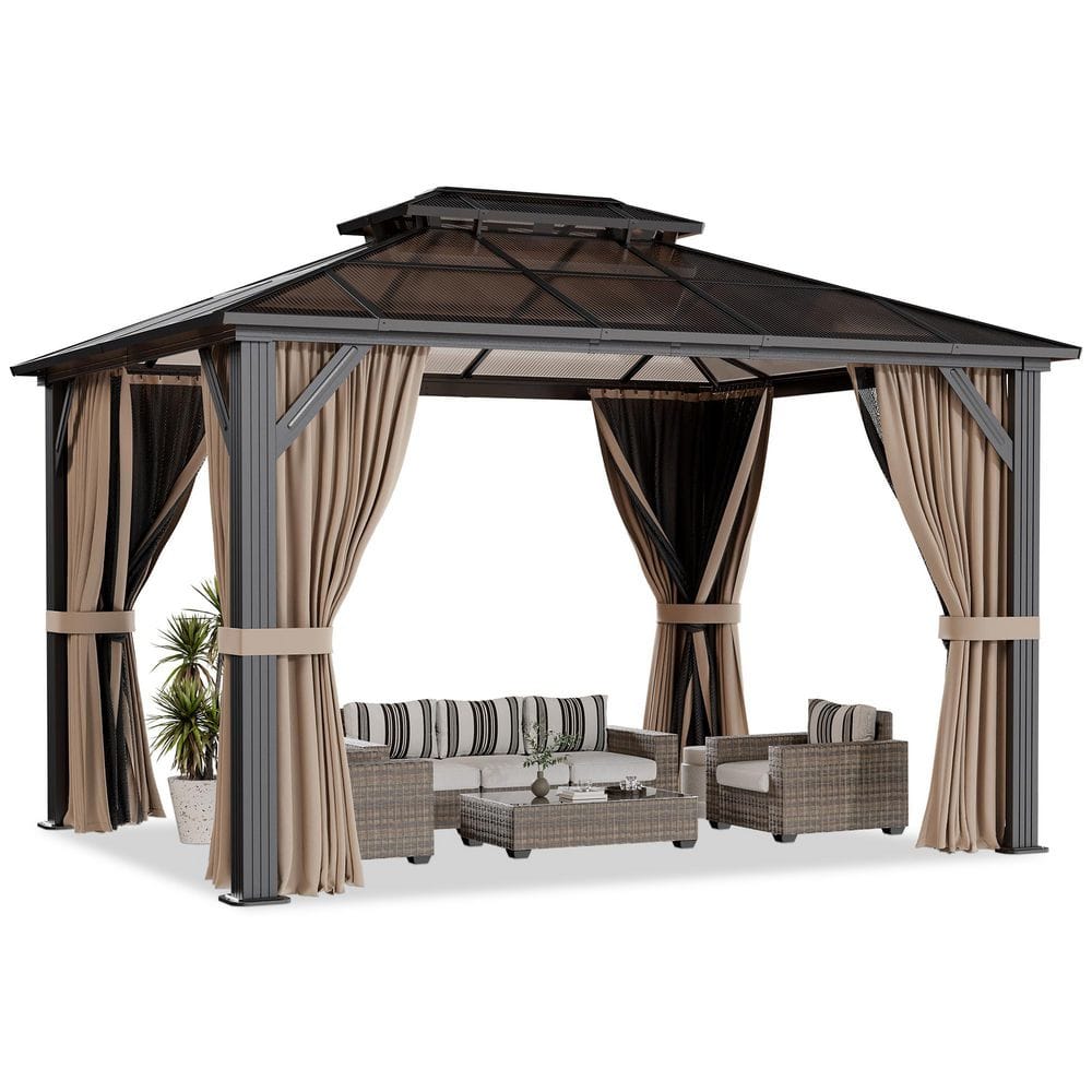 10 ft. x 12 ft. Outdoor Polycarbonate Double Roof Gazebo with Aluminum Frame, Nettings and Curtains price history on PriceWatchPro