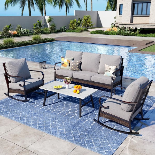 PHI VILLA 4-Piece Black Metal Outdoor Patio Conversation Set with Rocking Chairs, Marbling Coffee Table and Light Gray Cushions