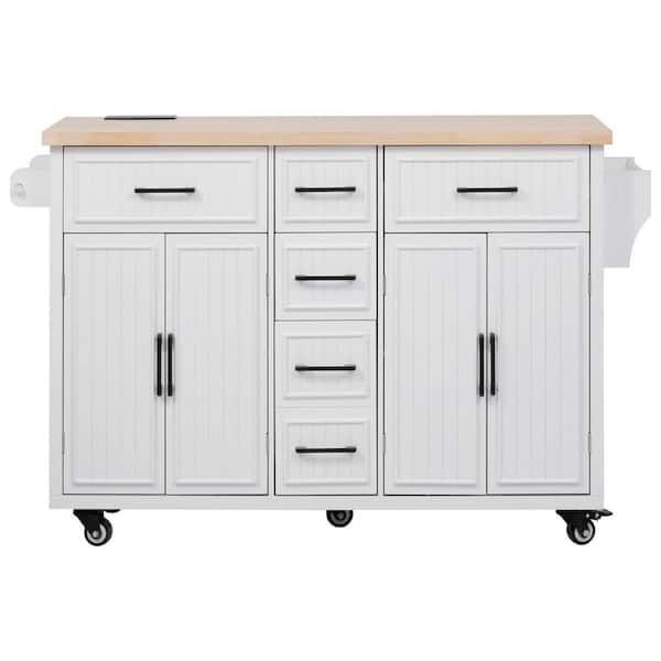 Qualler White Wood 56.5 in. Kitchen Island with Power Outlet and Drop Leaf