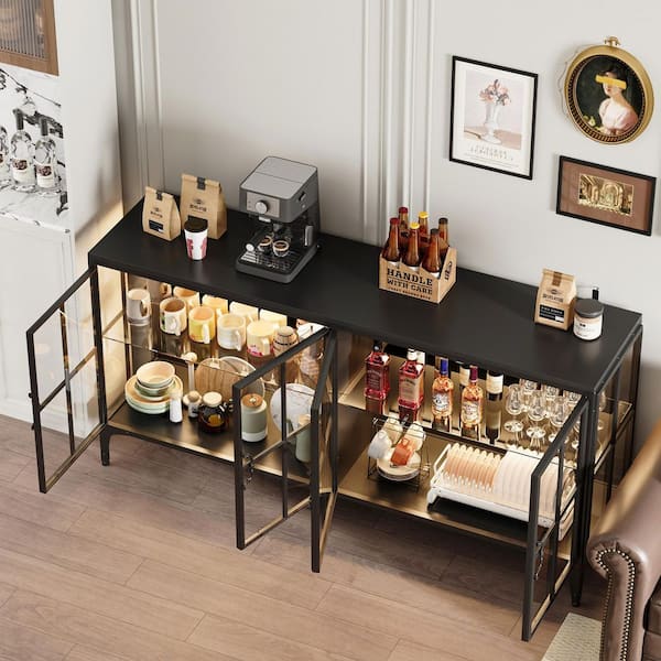 Black 31.5 in. H Wood and Metal Accent Cabinet, Sideboard, Bookcase with 4 Shelves and Glass Doors