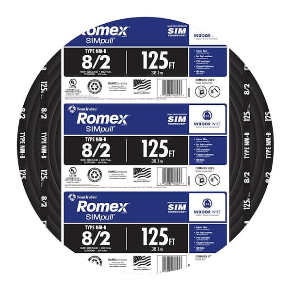 Southwire 125 ft. 8/2 Black Stranded Romex SIMpull CU NM-B W/G