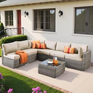 XIZZI Gemini 7-Piece Wicker Outdoor Sectional Set with Denim Blue