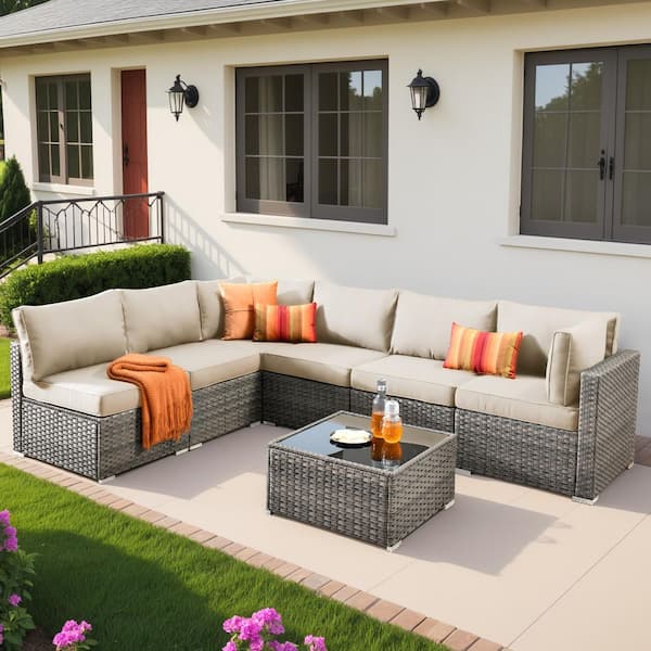XIZZI Gemini 7-Piece Wicker Outdoor Sectional Set with Denim Blue