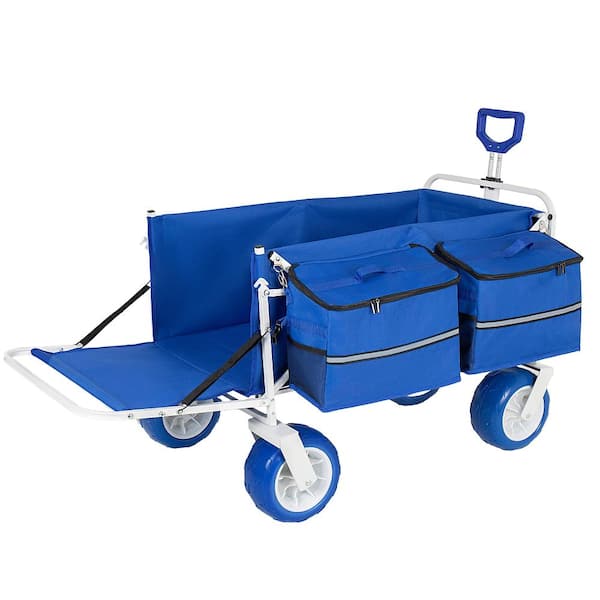 5.3 cu. ft. Steel Blue Folding Utility Wagon Garden Cart w/ Opened Tailgate / Tool Straps / Zippered Storage Pocket
