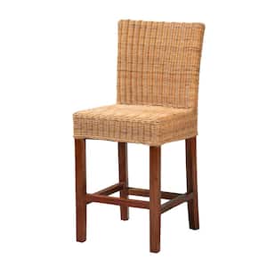 Racquel 39 in. Natural Rattan and Walnut Brown Mahogany Wood Counter Height Bar Stool