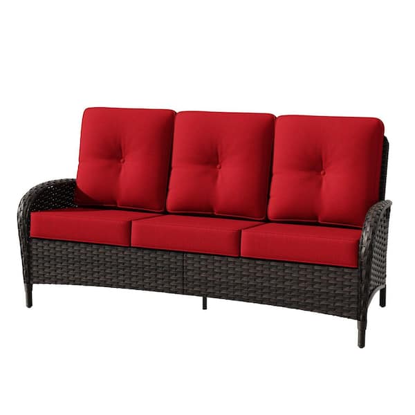3-Seat Deep Brown Wicker Outdoor Couch Patio Sofa with Red Cushions