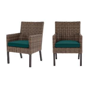 Fernlake Brown Wicker Outdoor Patio Stationary Dining Chair with CushionGuard Malachite Green Cushions (2-Pack)