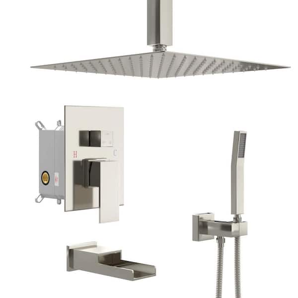 12 in. 3-spray Rainfall Dual Shower Head and Handheld Shower Head in Brushed with Tub Filler