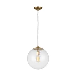 Leo 14 in. Extra Large 1-Light Satin Brass Hanging Globe Pendant Light with Clear Seeded Glass Shade