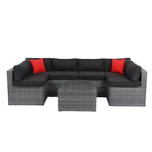 5-Pieces Grey Wicker Rattan Outdoor U-Shaped Sectional Set with Black Cushion