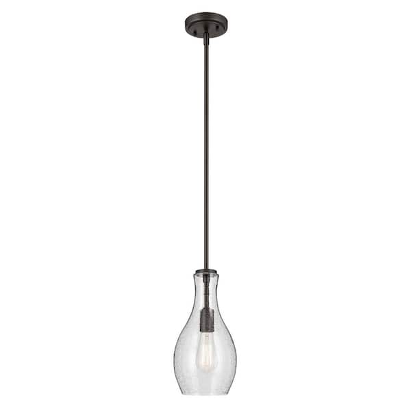 KICHLER Everly 13.75 in. 1-Light Olde Bronze Modern Shaded Bell Kitchen Hanging Pendant Light with Clear Seeded Glass