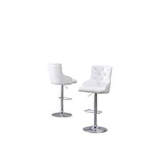 Alexa 40 in.-48 in. H White Faux Leather Adjustable Bar Stool w/ Chrome Base, Faux Crystals and Nail Head (Set of 2)