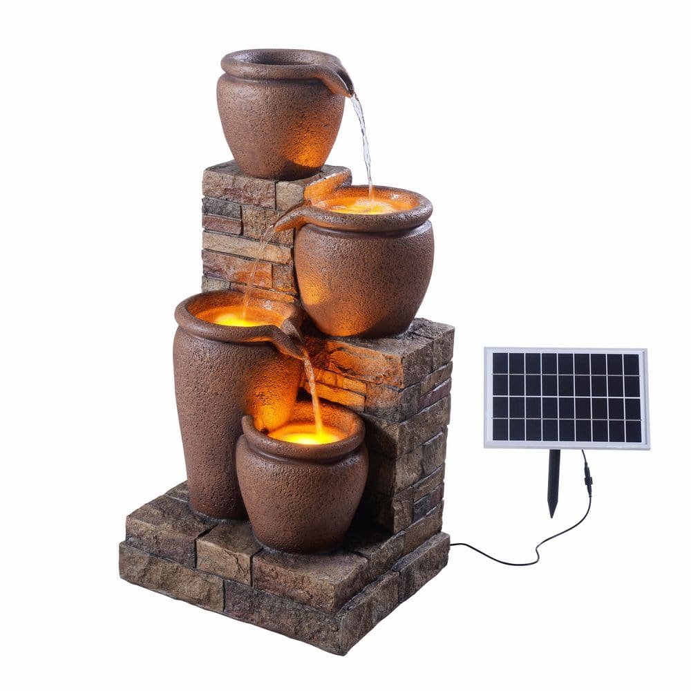 30.71 in. 4-Tier Outdoor Solar Water Cascade Fountain for Outdoor Living Spaces in Brown price history on PriceWatchPro