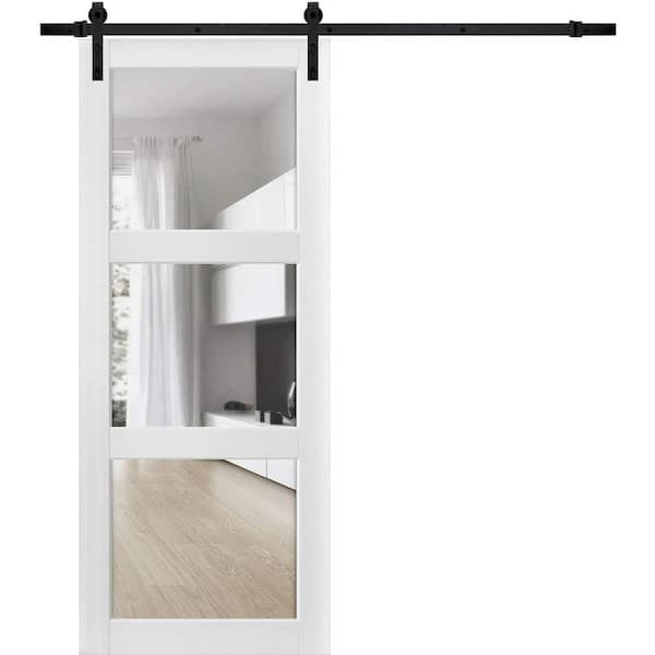 Lucia 2555 36 in. x 80 in. Full Lite Clear Glass Matte White Finished Solid Wood Sliding Barn Door with Hardware Kit