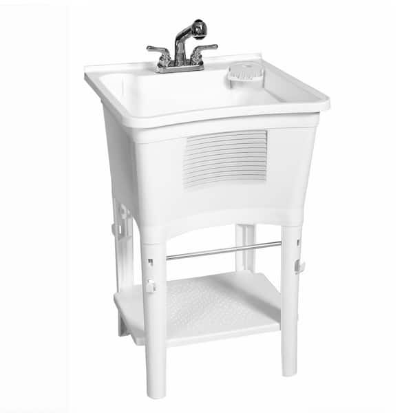 24.1 in. L x 24.1 in. W x 36.7 in. H Laundry Sink / Utility Sink Work Center in White with Pull-Out Faucet in Chrome