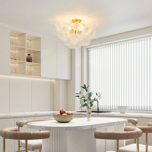 20.87 In 3-Light Brushed Gold Modern Bubble Semi-Flush Mount Ceiling Light Fixture with Clear Ribbed Blown Glass Shade