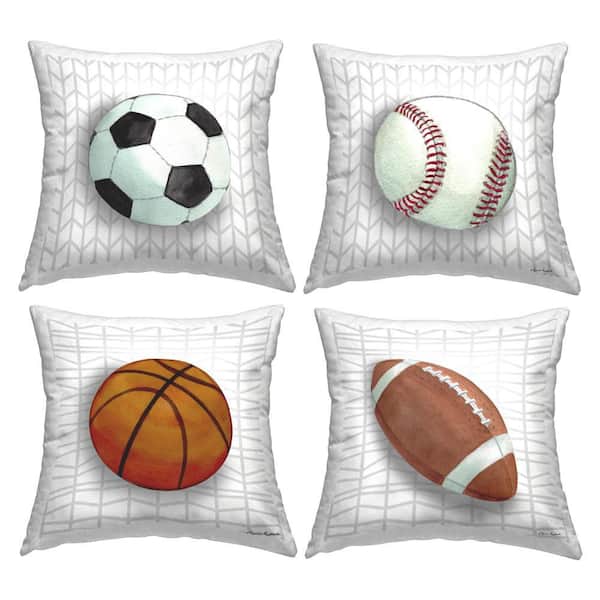 Stupell Industries Sports Balls on Geometric Off-White Geometric Polyester 18 in. x 18 in. Throw Pillow Set of 4