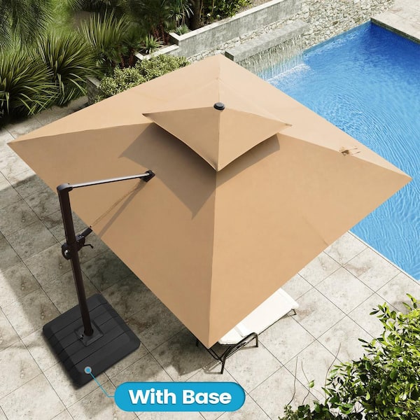 Crestlive Products 11 ft. x 11 ft. Double Top Cantilever Tilt Patio Umbrella in Tan with 4-Piece 220 lbs. HDPE Base