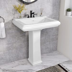 27 in. x 20 in. Vintage White Vitreous China Pedestal Combo Bathroom Ceramic Vessel Sink Rectangular with 3 Faucet Holes