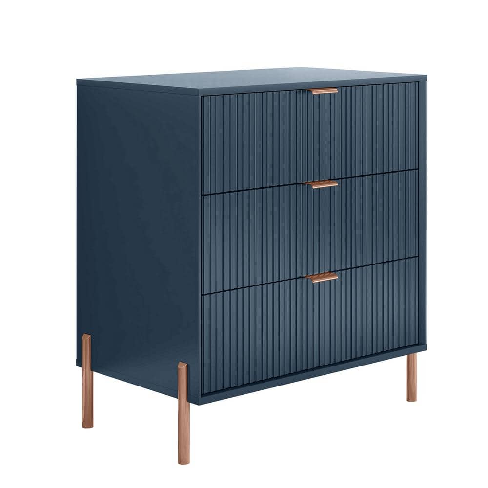Navy MDF 3-Drawer Nightstand with Rose Gold Accents
