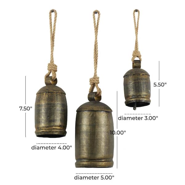 Gold Metal Tibetan Inspired Cylindrical Decorative Cow Bell with Jute Hanging Rope (3- Pack)
