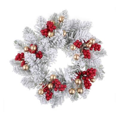 11 in. Flocked Unlit Adjustable Artificial Christmas Wreath Candle Ring with Red and Gold Berries (2-Pack)