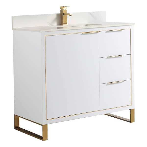 FINE FIXTURES Opulence 36 in. W x 18 in. D x 33.5 in. H Bath Vanity in White Matte with White Carrara Single sink Top