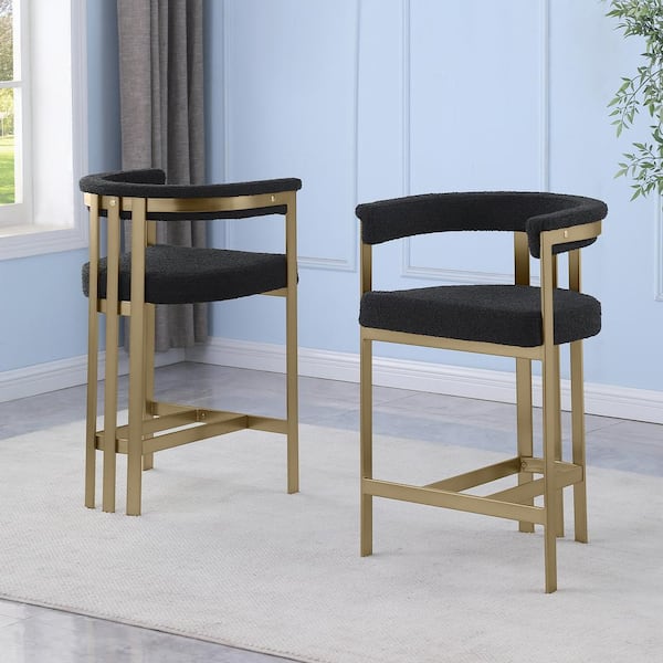 Reba 26 in. Black Color Low Back Metal Frame Matte Brushed Gold Chrome Base Counter Stool With Boucle Fabric Set of 2