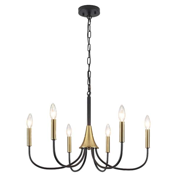 Modern 6-Light Black and Brass Antique Candlestick Chandelier Farmhouse Pendant Light