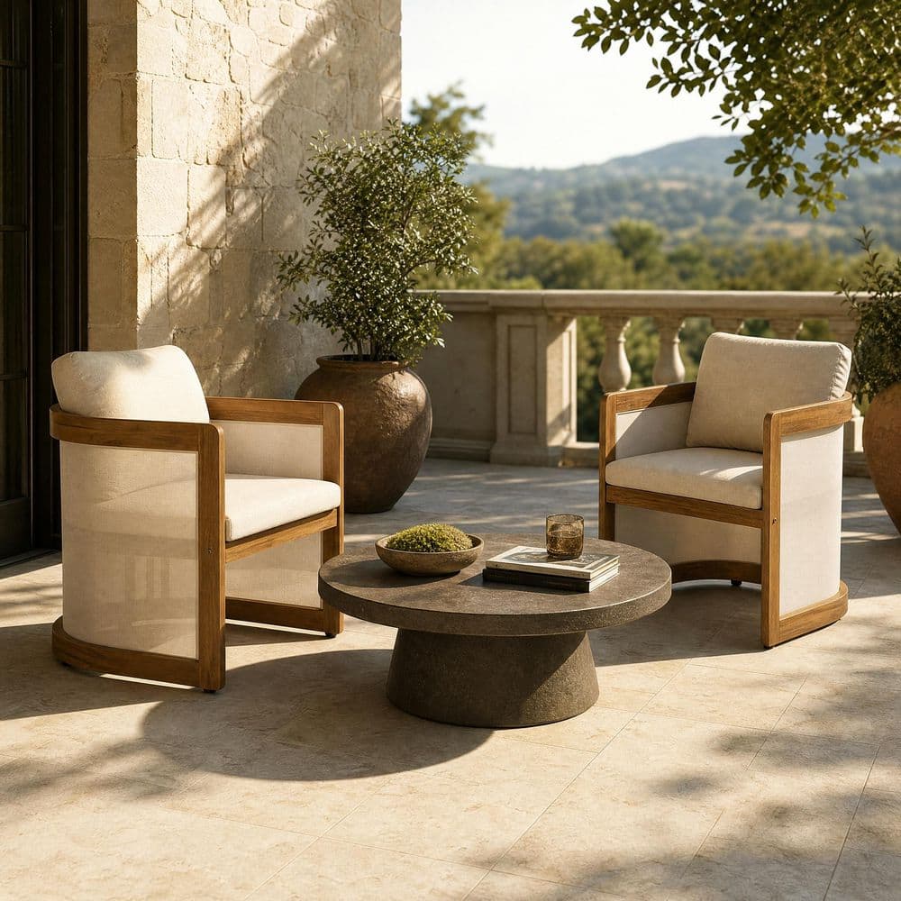 Beige Fabric Upholstered Accent Arm Chair with Textilene Side Panels, Patio Chairs for Backyard(2-Pack)