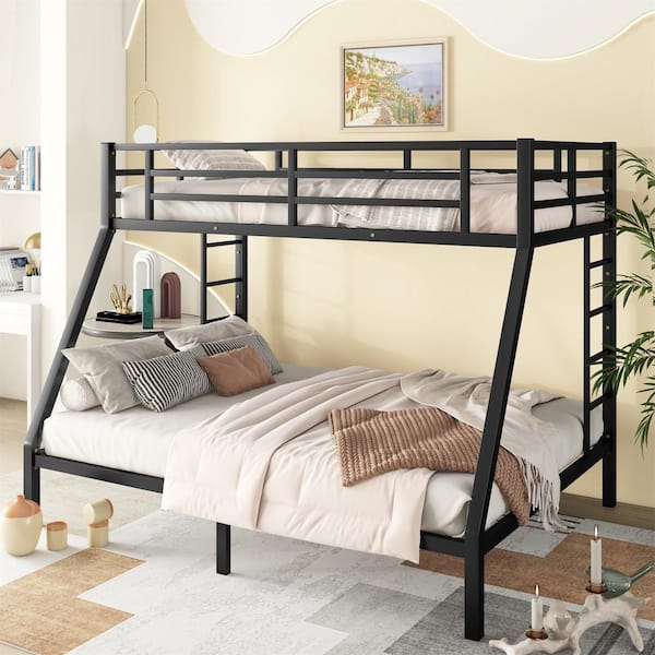 Black Metal Twin XL Over Queen Bunk Bed with Guardrails and Ladders for Kids Teens and Adults Heavy-Duty Bunk Bed Frame