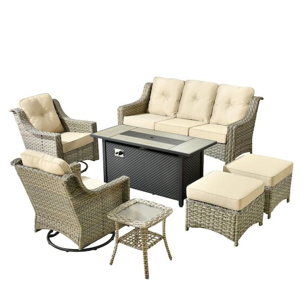 Cherry 7-Piece Wicker Outdoor Furniture Patio Fire Pit Conversation Sofa Set with Swivel Chairs and Beige Cushions