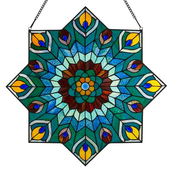 River of Goods Multi-Colored Stained Glass Peacock Star Window Panel
