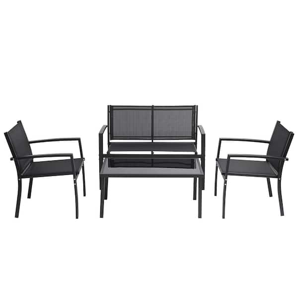 Unbranded 4 Piece Metal Patio Conversation Sets with Glass Coffee Table in Black